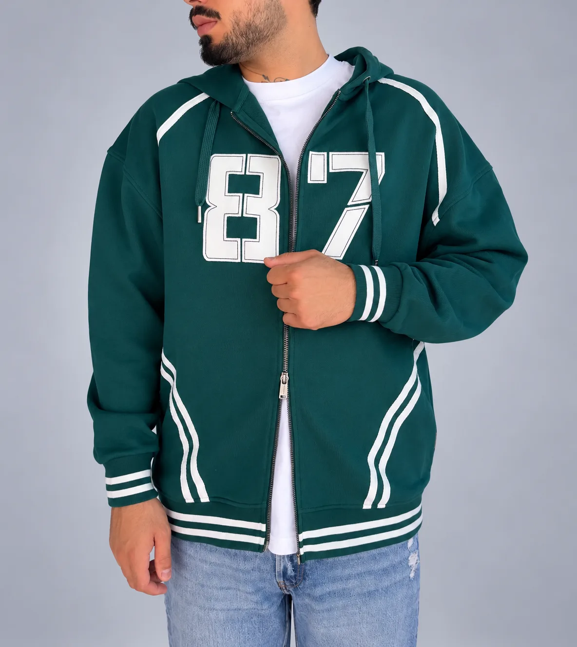 Kapüşonlu Fermuarlı Baskılı Sweatshirt