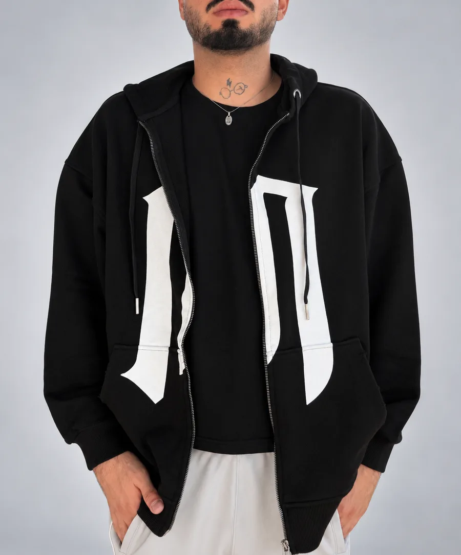 Kapüşonlu Fermuarlı Baskılı Sweatshirt