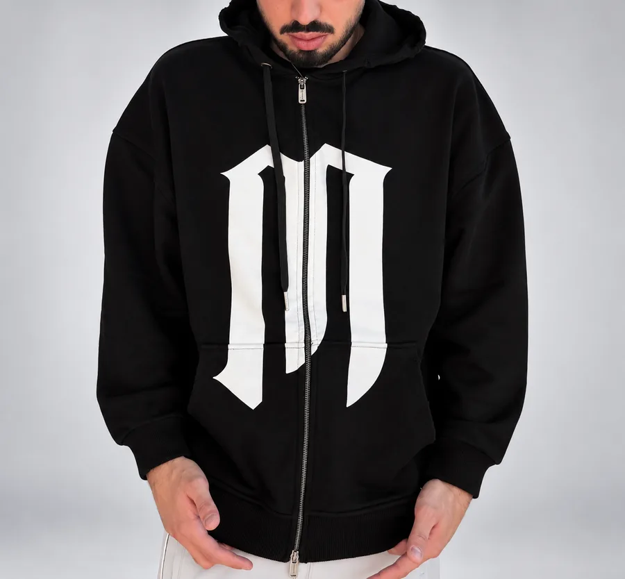 Kapüşonlu Fermuarlı Baskılı Sweatshirt
