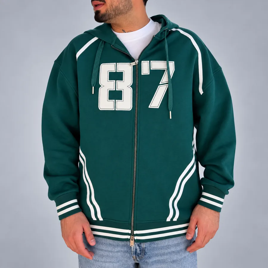 Kapüşonlu Fermuarlı Baskılı Sweatshirt